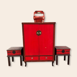 Oriental Red Cabinet with Matching Side Tables - For Rent